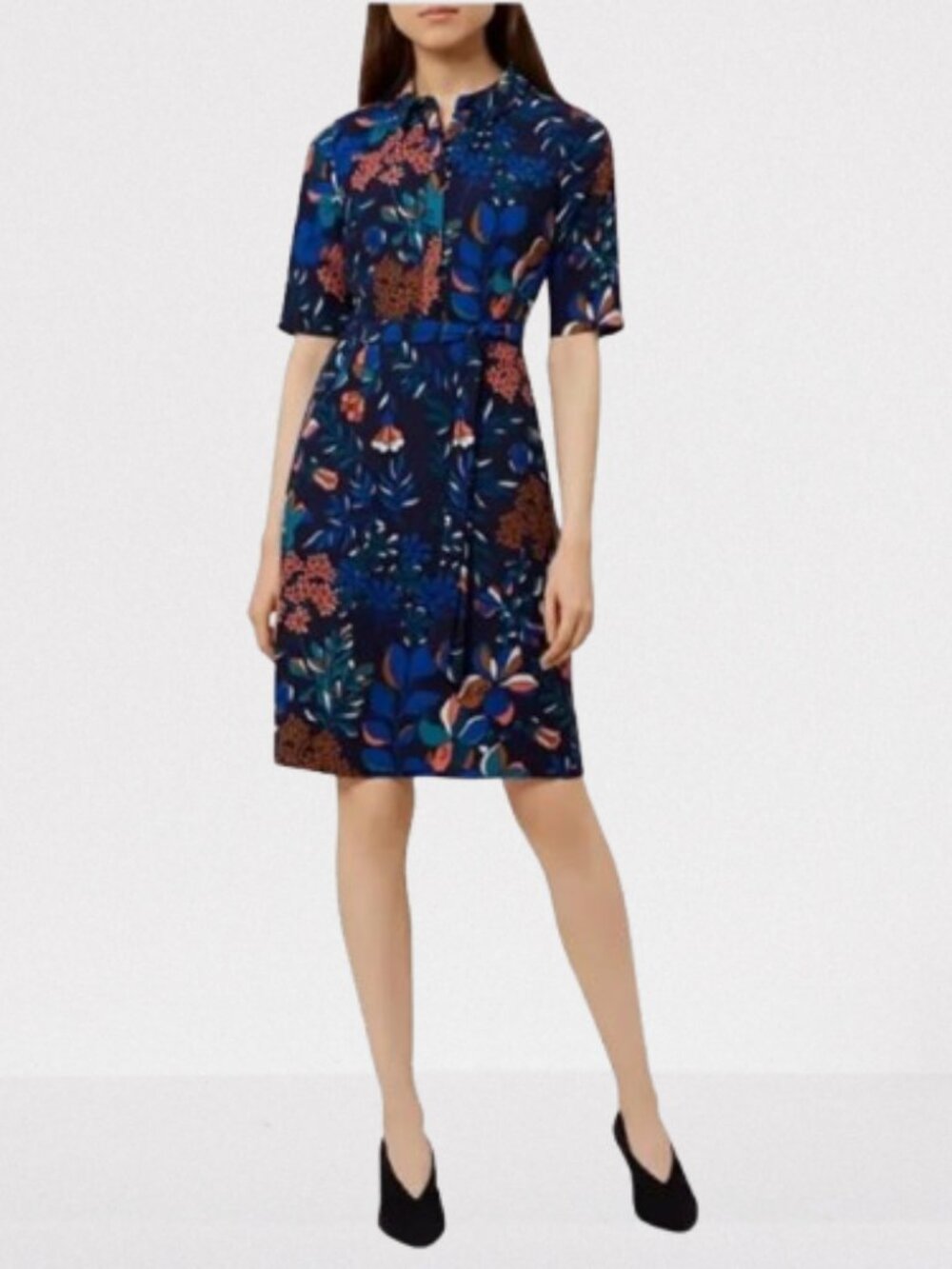 Hobbs London Dahlia Botanical Print Belted Shirt Dress Size 8 Blue Multi